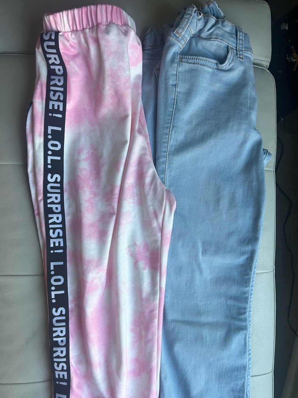 Abercrombie jeans and L.O.L. Surprise! Pink Tie-Dye Jogger Pants bundle.